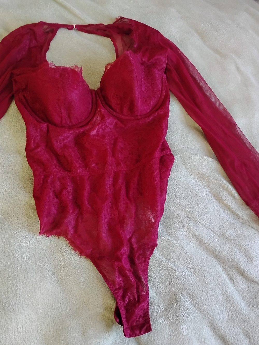 Victoria's Secret Burgundy Lace Long-Sleeve Bodysuit